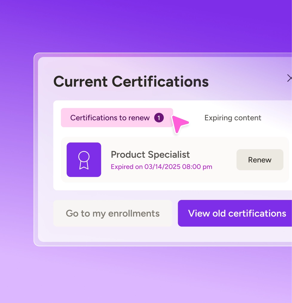 Docebo current certifications panel showing a certification to renew