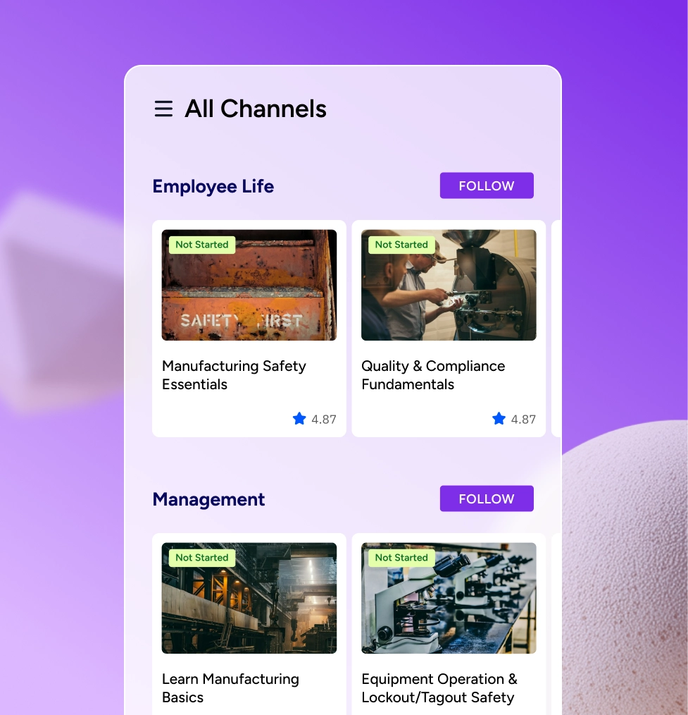 Docebo mobile channels view with manufacturing safety and compliance courses