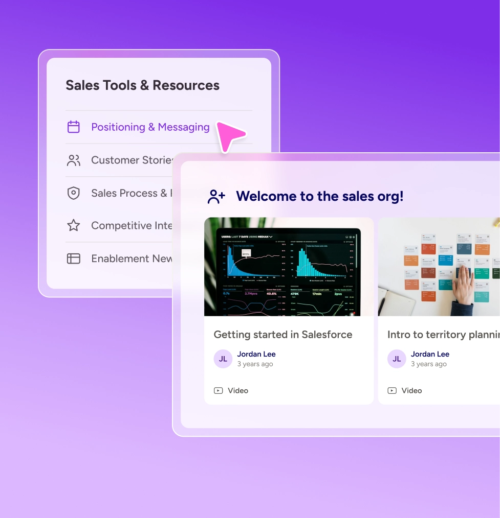Docebo sales tools and resources menu next to a sales onboarding course list