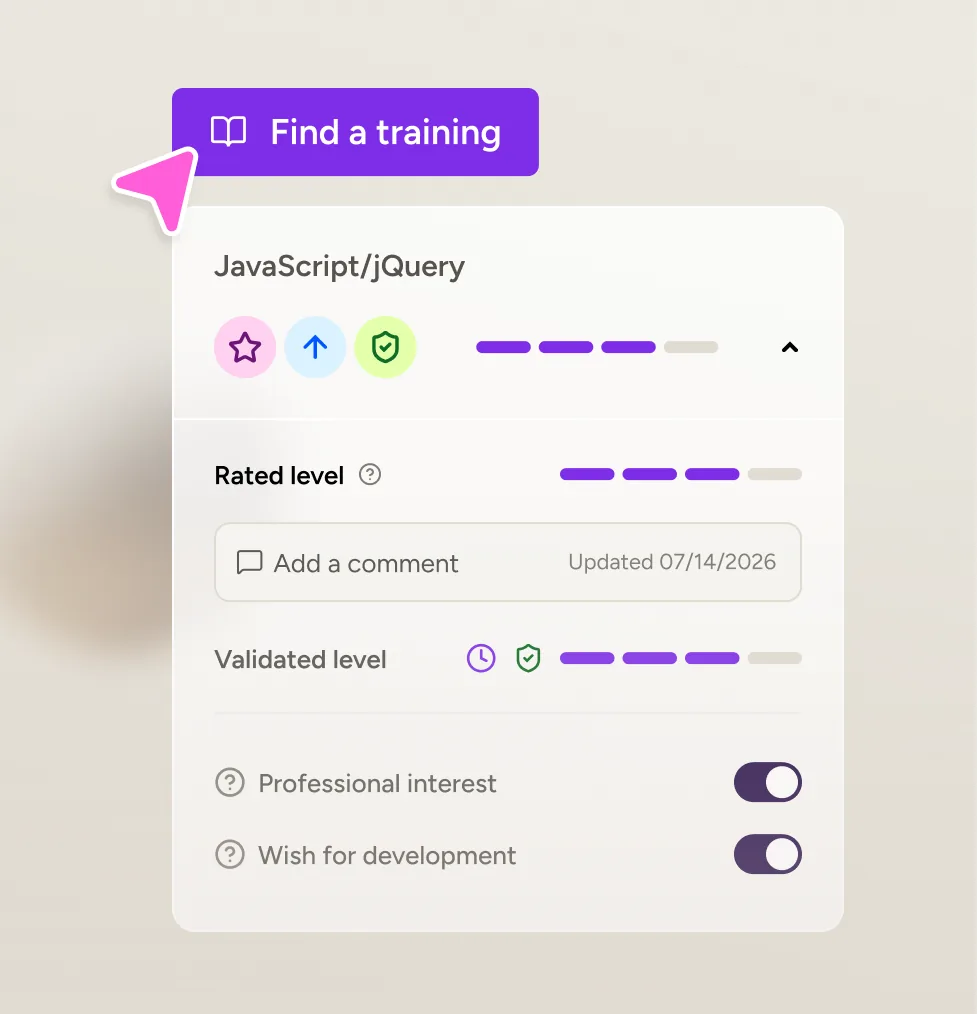 Docebo skill rating card with a Find a training action